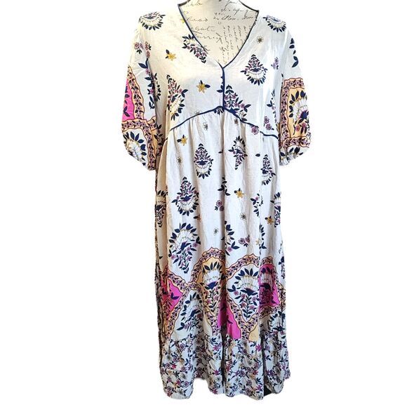 Figueroa & Flower Printed V-Neck Puff Sleeve Midi Dress Size Large Linen Blend - Picture 2 of 5